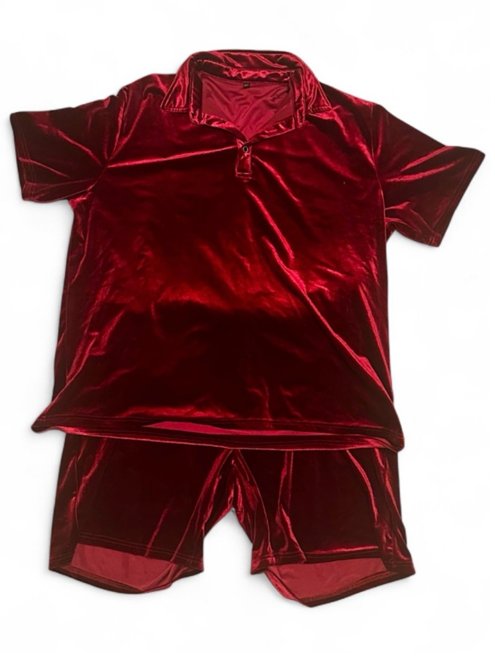 Men’s Red Velvet Set Short Sleeve Button Top & Shorts